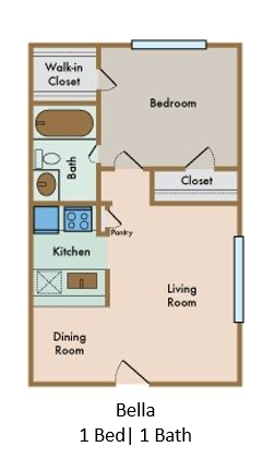 Floor plan for 1 bed, 1 bath, 528 sqft